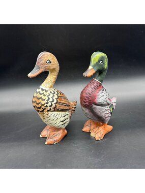 Vintage Wooden Duck Figurines Rustic Cabin Lodge Decor Set of Two As Is